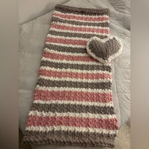 Pink and Gray Striped Knit Blanket with Heart Pillow